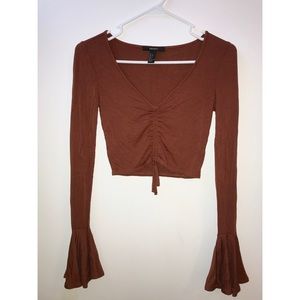 Ruched Drawstring Bell-Sleeved Crop Top